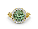 Yellow gold Fancy Green Round  Halo Diamond Engagement Ring with Filigree Band and Four-Prong Setting_93