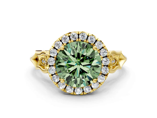 Yellow gold Fancy Green Round  Halo Diamond Engagement Ring with Filigree Band and Four-Prong Setting