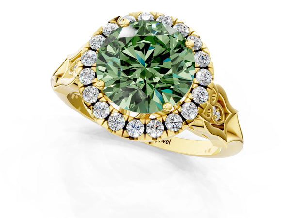 Yellow gold Fancy Green Round  Halo Diamond Engagement Ring with Filigree Band and Four-Prong Setting