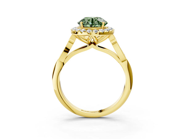 Yellow gold Fancy Green Round  Halo Diamond Engagement Ring with Filigree Band and Four-Prong Setting
