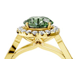 Yellow gold Fancy Green Round  Halo Diamond Engagement Ring with Filigree Band and Four-Prong Setting_97