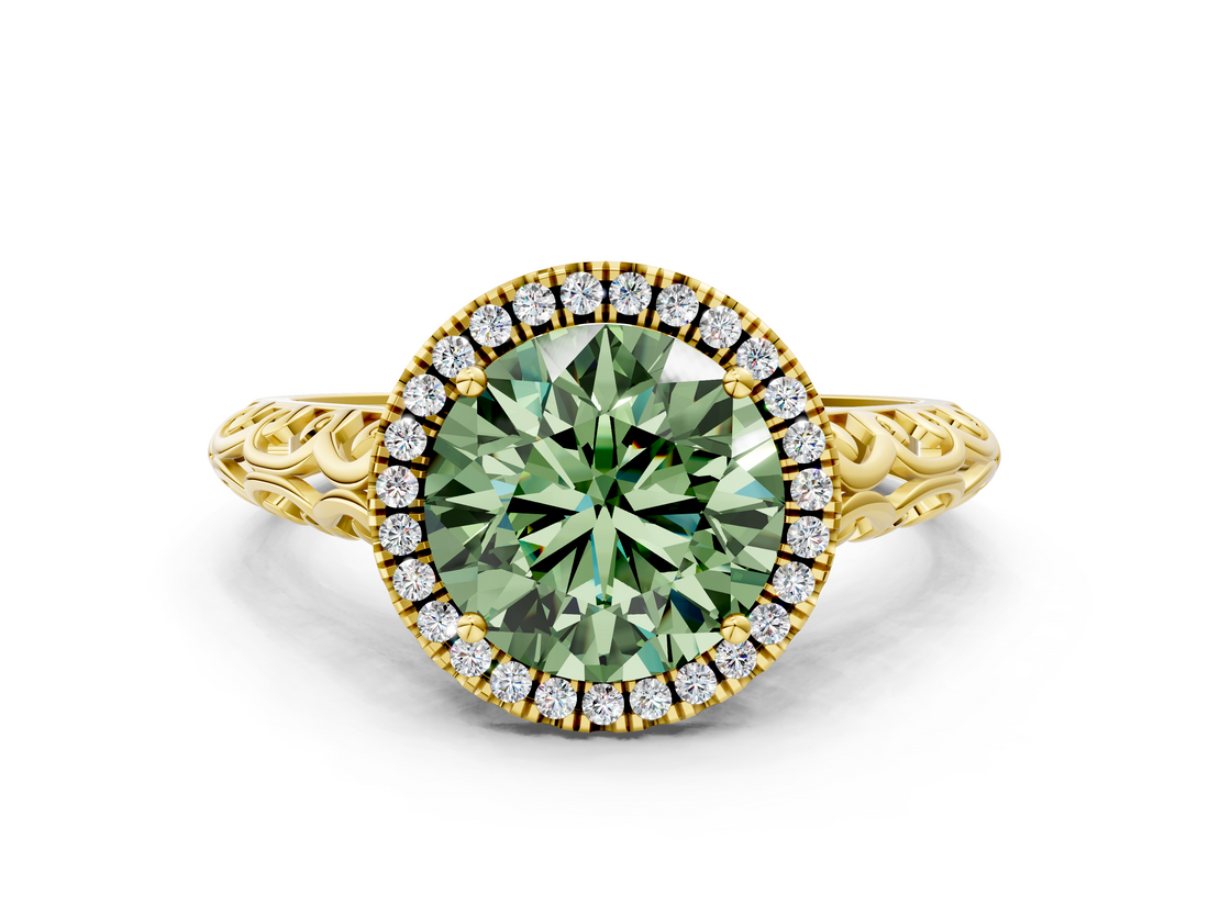 Yellow gold Fancy Green Round  Halo Diamond Engagement Ring with Intricate Filigree Band and Four-Prong Setting_37