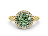Yellow gold Fancy Green Round  Halo Diamond Engagement Ring with Intricate Filigree Band and Four-Prong Setting_37
