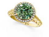 Yellow gold Fancy Green Round  Halo Diamond Engagement Ring with Intricate Filigree Band and Four-Prong Setting_38