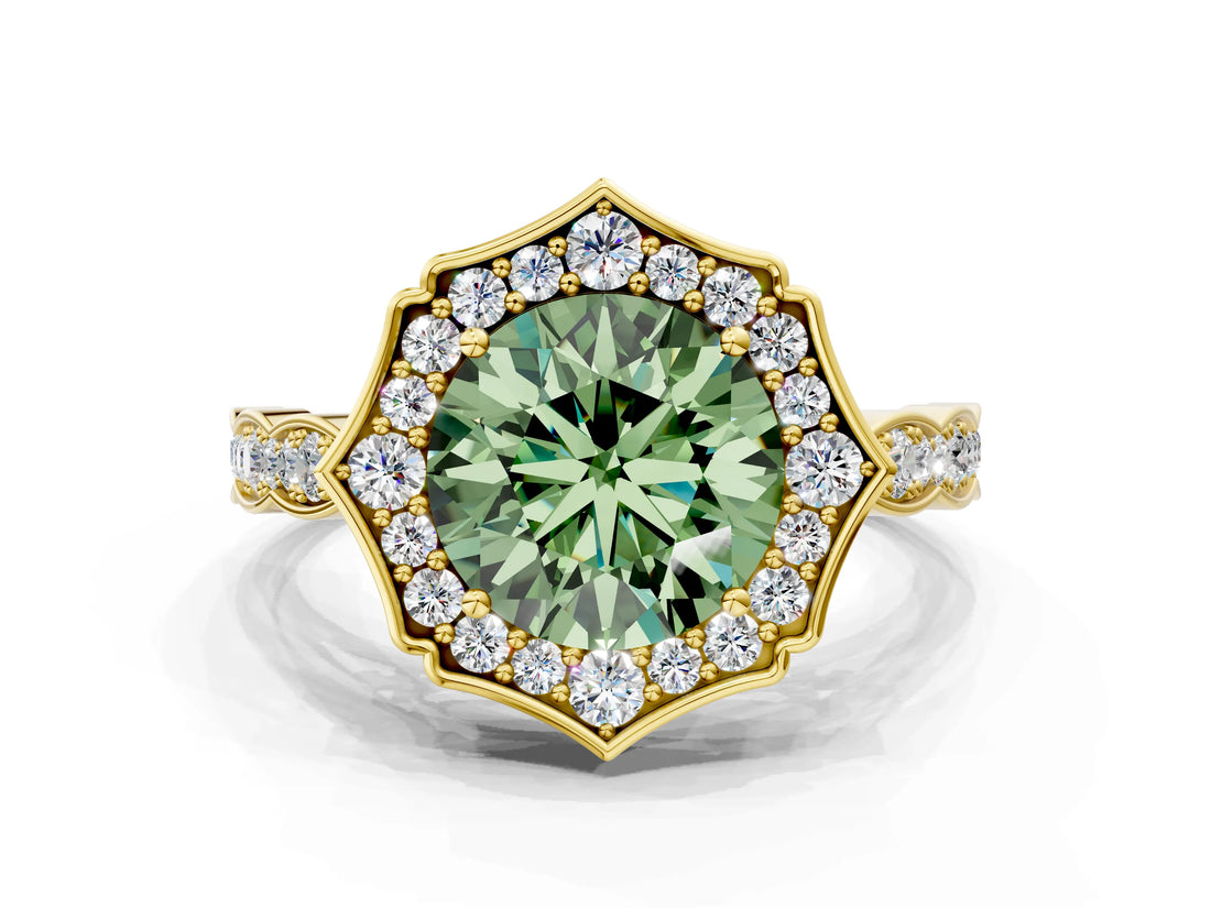 Yellow gold Fancy Green Round  Halo Diamond Engagement Ring with Milgrain Band and Four-Prong Setting_54