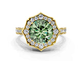 Yellow gold Fancy Green Round  Halo Diamond Engagement Ring with Milgrain Band and Four-Prong Setting_54