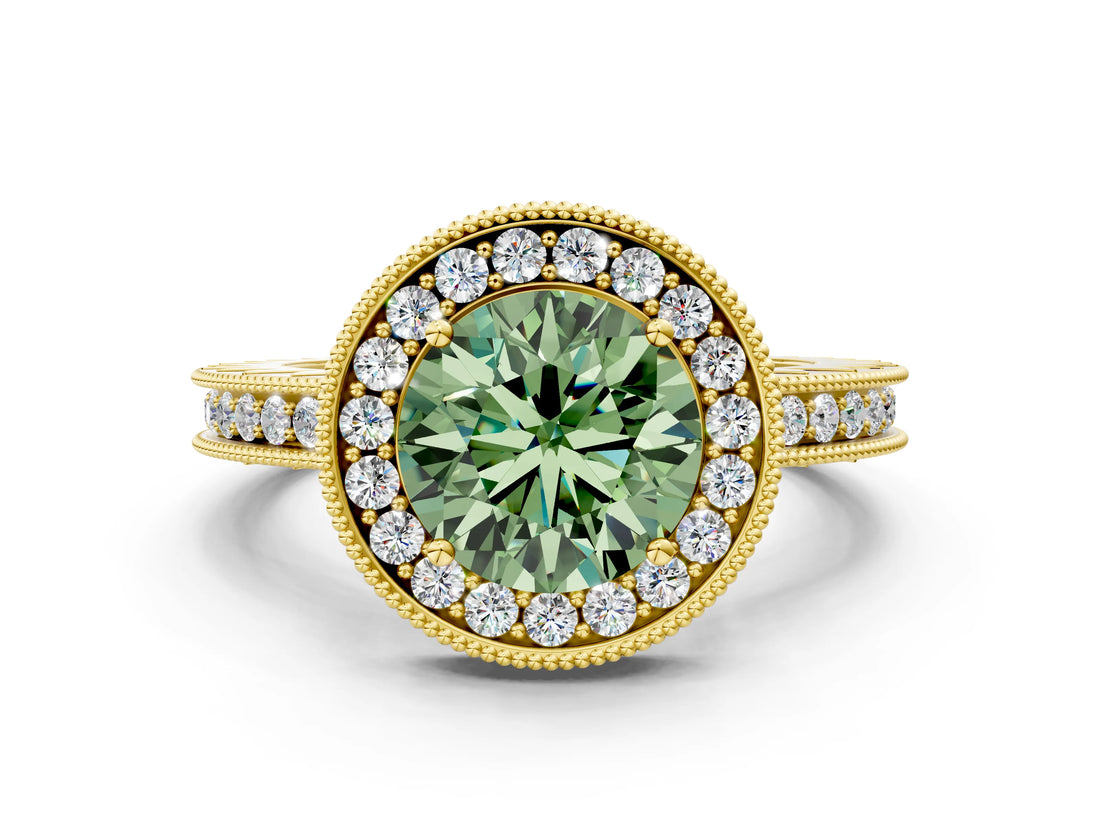 Yellow gold Fancy Green Round  Halo Diamond Engagement Ring with Milgrain Pave Band and Four-Prong Setting_12