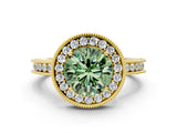 Yellow gold Fancy Green Round  Halo Diamond Engagement Ring with Milgrain Pave Band and Four-Prong Setting_12