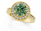 Yellow gold Fancy Green Round  Halo Diamond Engagement Ring with Milgrain Pave Band and Four-Prong Setting_13