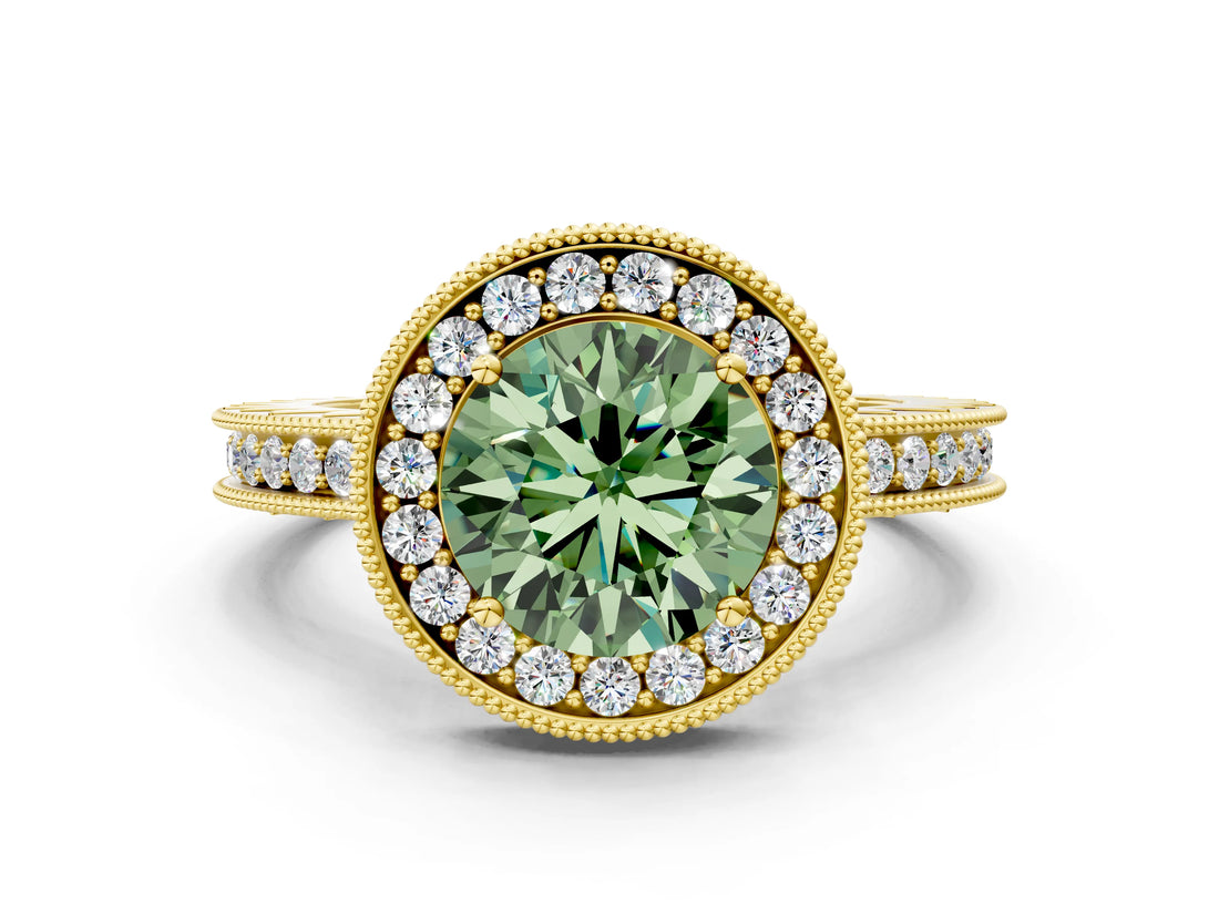 Yellow gold Fancy Green Round  Halo Diamond Engagement Ring with Milgrain Pave Band and Four-Prong Setting_87