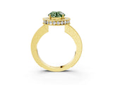 Yellow gold Fancy Green Round  Halo Diamond Engagement Ring with Milgrain Pave Band and Four-Prong Setting_90