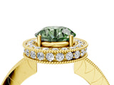 Yellow gold Fancy Green Round  Halo Diamond Engagement Ring with Milgrain Pave Band and Four-Prong Setting_91