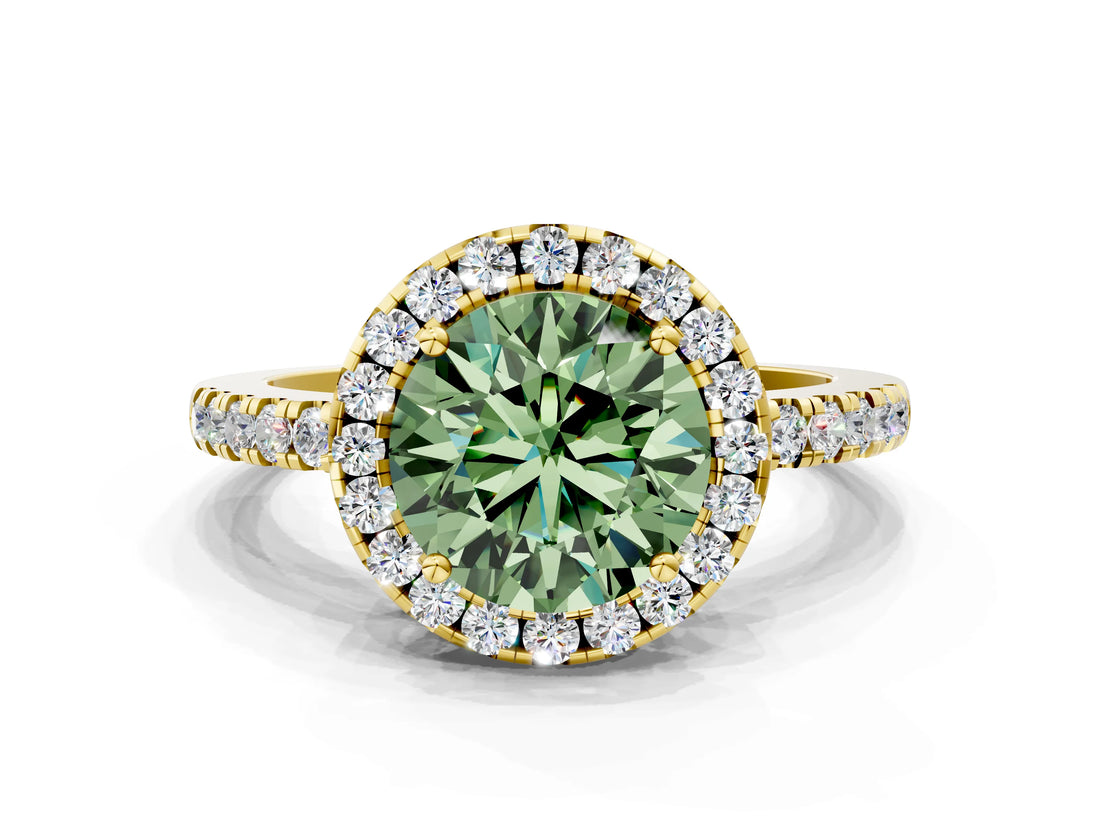 Yellow gold Fancy Green Round  Halo Diamond Engagement Ring with Pavé Band and Four-Prong Setting_141