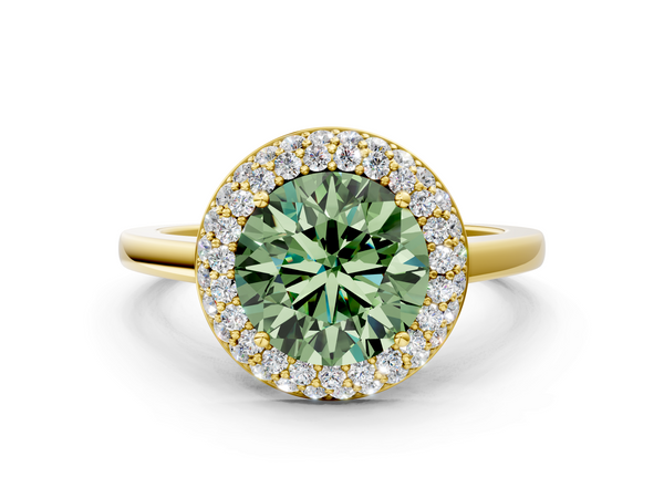 Yellow gold Fancy Green Round  Halo Diamond Engagement Ring with Solitaire Band and Four-Prong Setting
