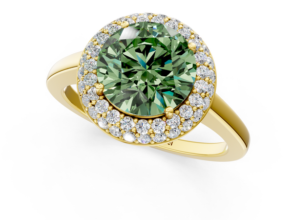 Yellow gold Fancy Green Round  Halo Diamond Engagement Ring with Solitaire Band and Four-Prong Setting