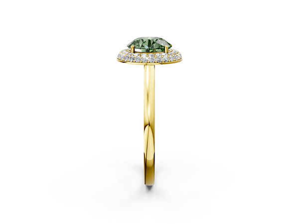 Yellow gold Fancy Green Round  Halo Diamond Engagement Ring with Solitaire Band and Four-Prong Setting