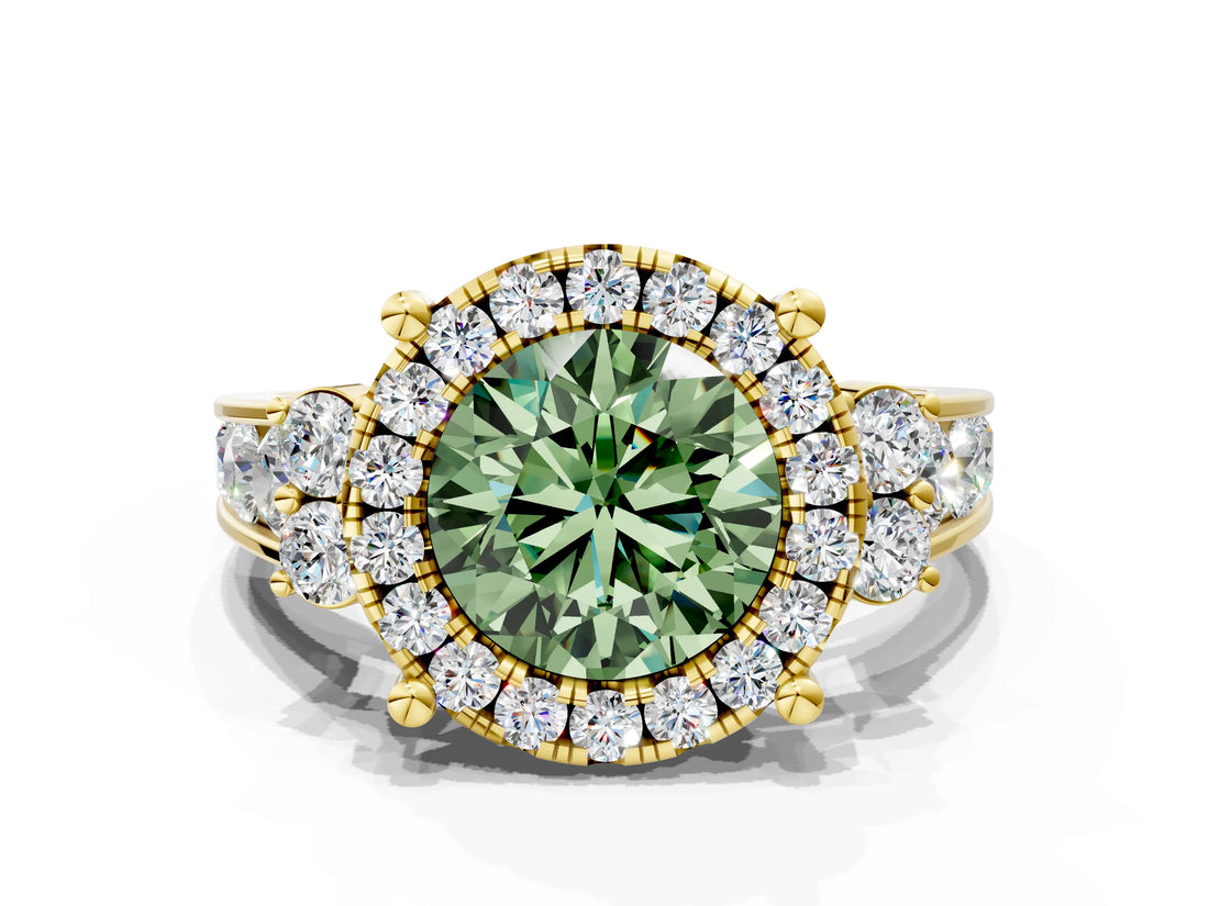 Yellow gold Fancy Green Round  Halo Diamond Engagement Ring with Split Shank and Four-Prong Setting_59