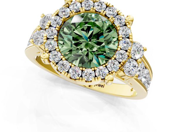 Yellow gold Fancy Green Round  Halo Diamond Engagement Ring with Split Shank and Four-Prong Setting