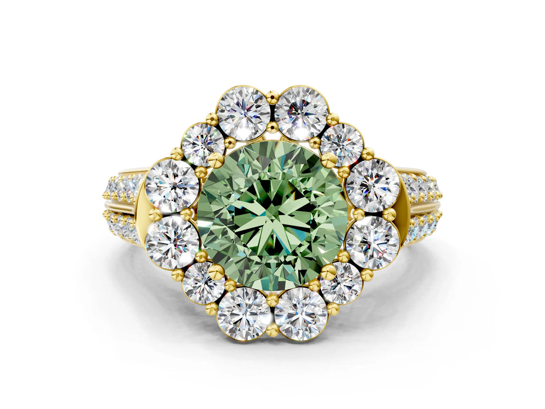 Yellow gold Fancy Green Round  Halo Diamond Engagement Ring with Split Shank and Prong Setting_65