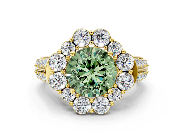 Yellow gold Fancy Green Round  Halo Diamond Engagement Ring with Split Shank and Prong Setting