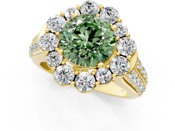 Yellow gold Fancy Green Round  Halo Diamond Engagement Ring with Split Shank and Prong Setting