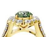 Yellow gold Fancy Green Round  Halo Diamond Engagement Ring with Split Shank and Prong Setting_69