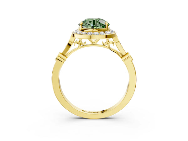 Yellow Gold Round Bezel Station Halo Engagement Ring Setting for Fancy Green Center