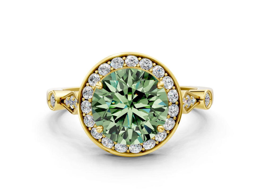Yellow gold Fancy Green Round  Halo Diamond Engagement Ring with Twisted Band and Four-Prong Setting