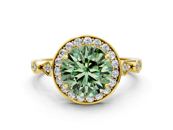Yellow Gold Round Bezel Station Halo Engagement Ring Setting for Fancy Green Center