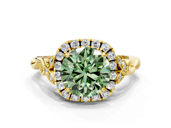 Yellow gold Fancy Green Round  Halo Diamond Engagement Ring with Vintage-Inspired Band and Four-Prong Setting