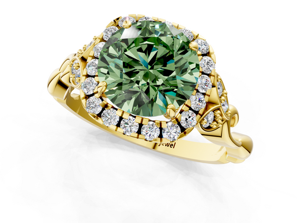 Yellow gold Fancy Green Round  Halo Diamond Engagement Ring with Vintage-Inspired Band and Four-Prong Setting