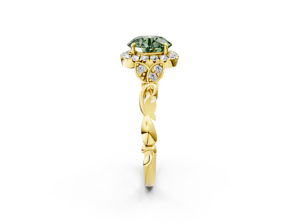 Yellow gold Fancy Green Round  Halo Diamond Engagement Ring with Vintage-Inspired Band and Four-Prong Setting
