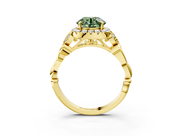 Yellow gold Fancy Green Round  Halo Diamond Engagement Ring with Vintage-Inspired Band and Four-Prong Setting