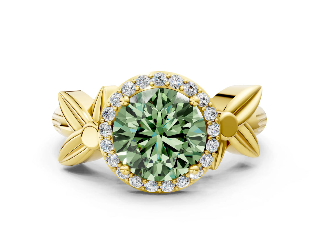 Yellow gold Fancy Green Round  Halo Diamond Floral Band with Four-Prong Setting_55