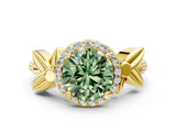 Yellow gold Fancy Green Round  Halo Diamond Floral Band with Four-Prong Setting_55