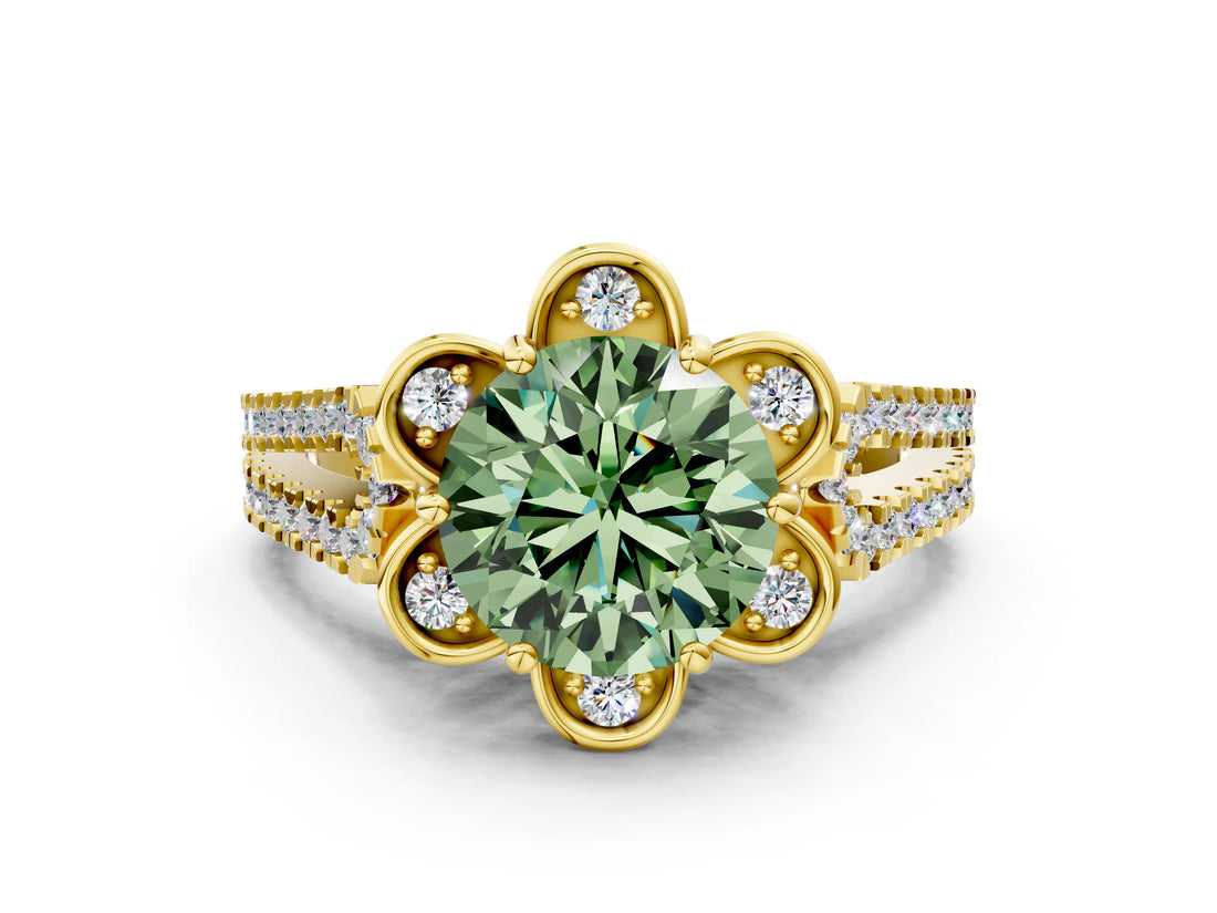 Yellow gold Fancy Green Round  Halo Diamond Floral Split Shank Engagement Ring 1