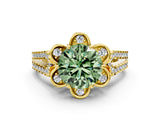 Yellow gold Fancy Green Round  Halo Diamond Floral Split Shank Engagement Ring 1