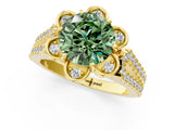 Yellow gold Fancy Green Round  Halo Diamond Floral Split Shank Engagement Ring 2