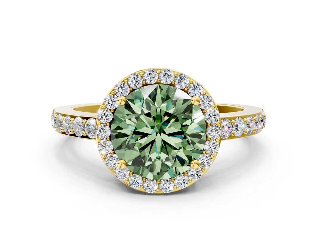 Yellow gold Fancy Green Round  Halo Diamond Pavé Band Ring with Prong Setting_20