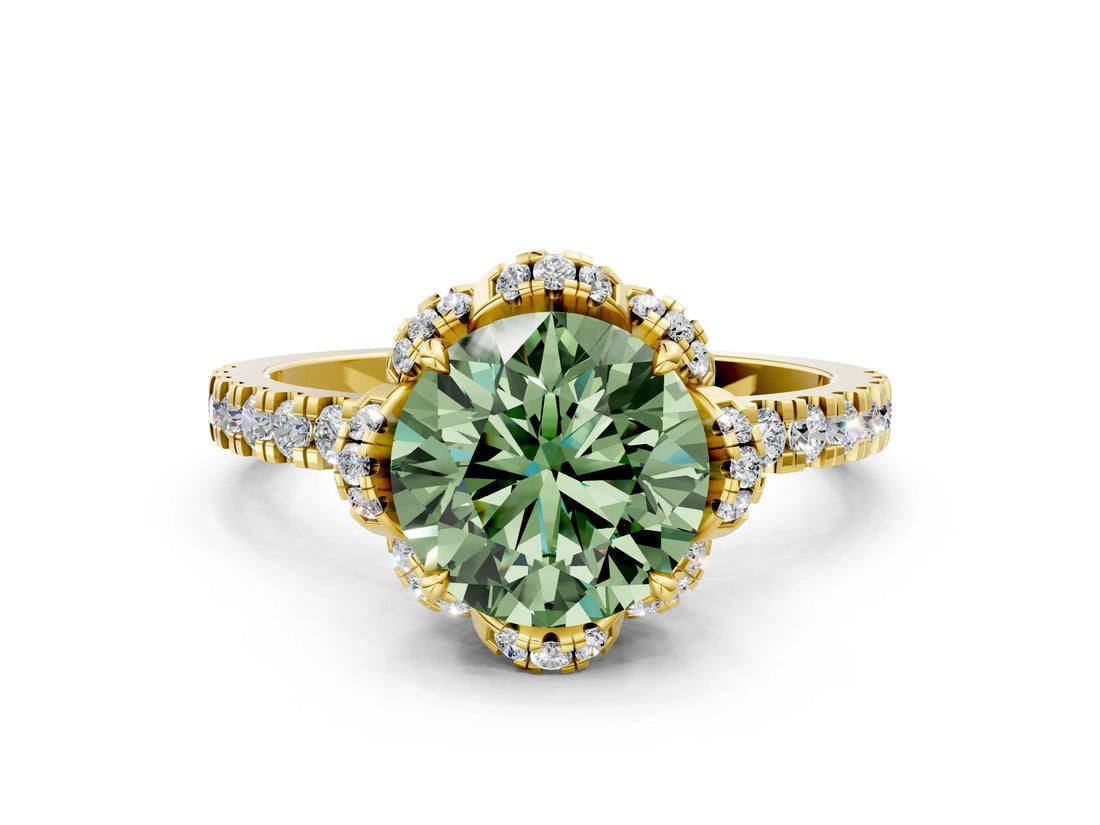 Yellow gold Fancy Green Round  Halo Diamond Pave Band Ring with Four-Prong Setting_15