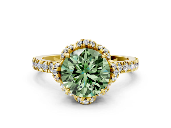 Yellow gold Fancy Green Round  Halo Diamond Pave Band Ring with Four-Prong Setting