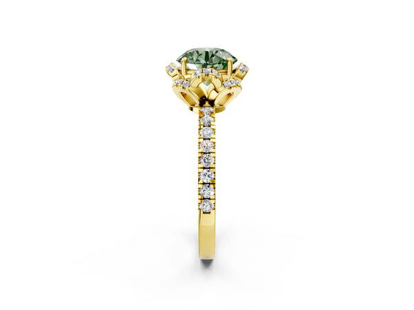 Yellow gold Fancy Green Round  Halo Diamond Pave Band Ring with Four-Prong Setting