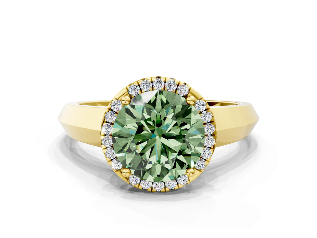 Yellow gold Fancy Green Round  Halo Diamond Ring with Cathedral Band and Four-Prong Setting_50