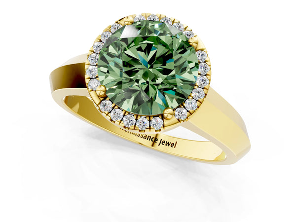 Yellow gold Fancy Green Round  Halo Diamond Ring with Cathedral Band and Four-Prong Setting
