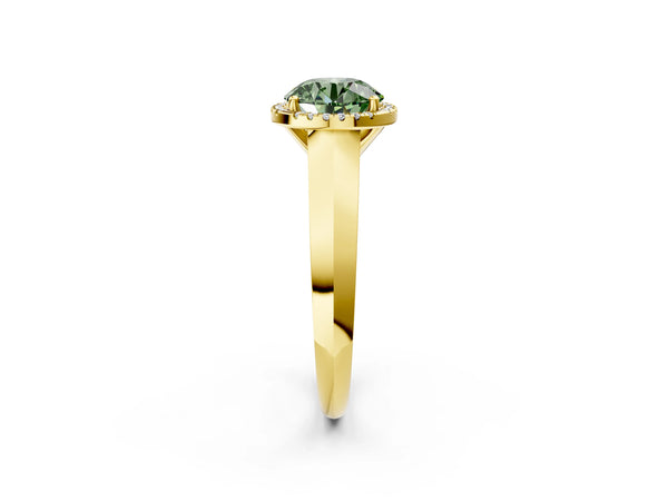 Yellow gold Fancy Green Round  Halo Diamond Ring with Cathedral Band and Four-Prong Setting