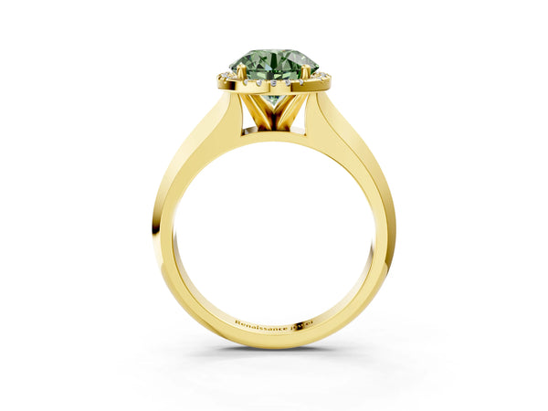 Yellow gold Fancy Green Round  Halo Diamond Ring with Cathedral Band and Four-Prong Setting