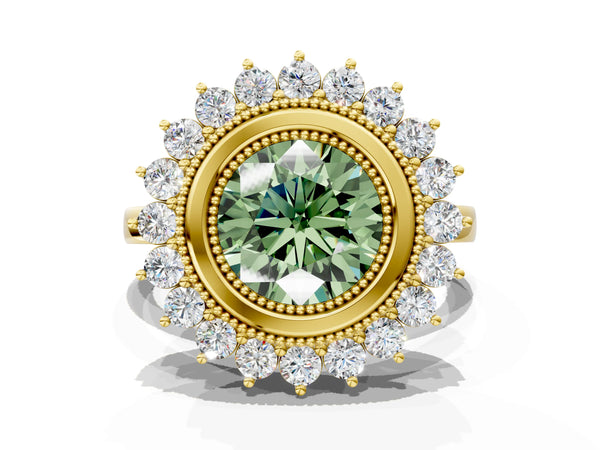 Yellow gold Fancy Green Round  Halo Diamond Ring with Milgrain Edge and Round Prong Setting