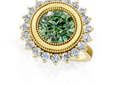 Yellow gold Fancy Green Round  Halo Diamond Ring with Milgrain Edge and Round Prong Setting_43