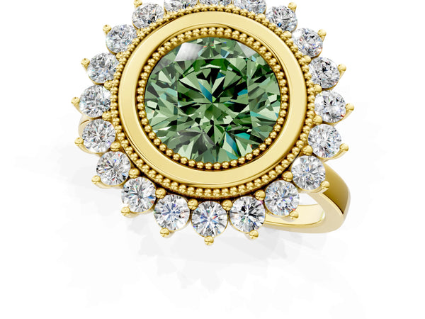 Yellow gold Fancy Green Round  Halo Diamond Ring with Milgrain Edge and Round Prong Setting