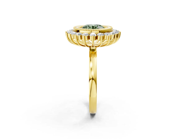Yellow gold Fancy Green Round  Halo Diamond Ring with Milgrain Edge and Round Prong Setting